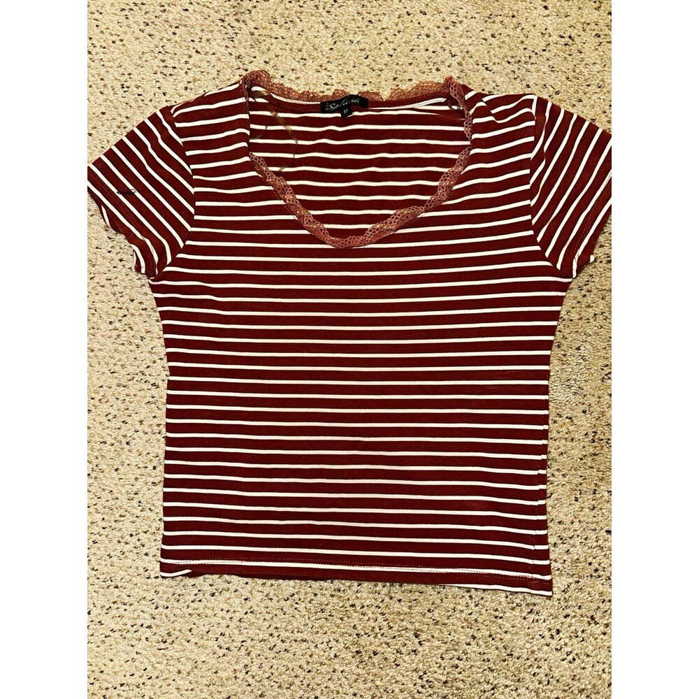 Splash Women's Size M Striped V-Neck Lace Trim Knit Short Sleeve T-Shirt